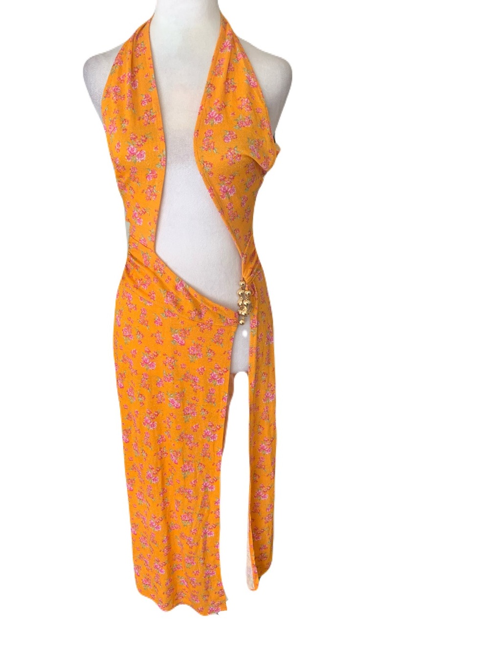 NWT Beach Bunny Medium Orange Pink Floral Cross-Front Saddie Midi Dress Sarong